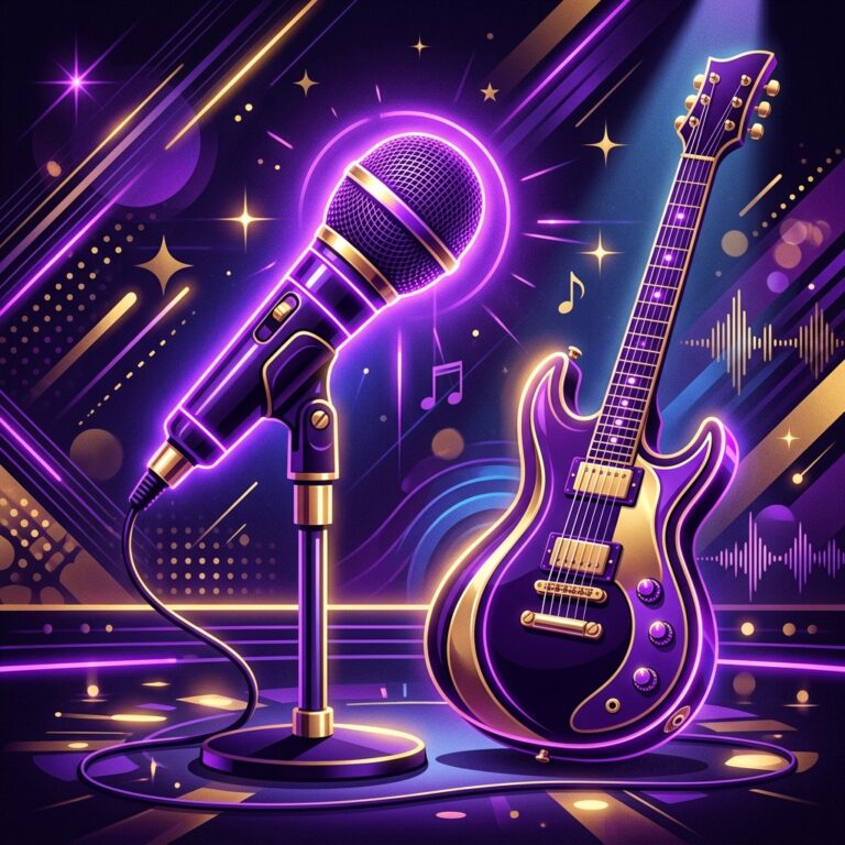 Illustration musicale aux tons pourpres, guitare et microphone